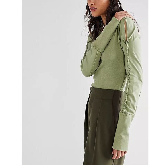 FREE PEOPLE Daisy Chain Cuff Top Tee T-shirt / Green Tea Leaves NEW! XS - Picture 4 of 9